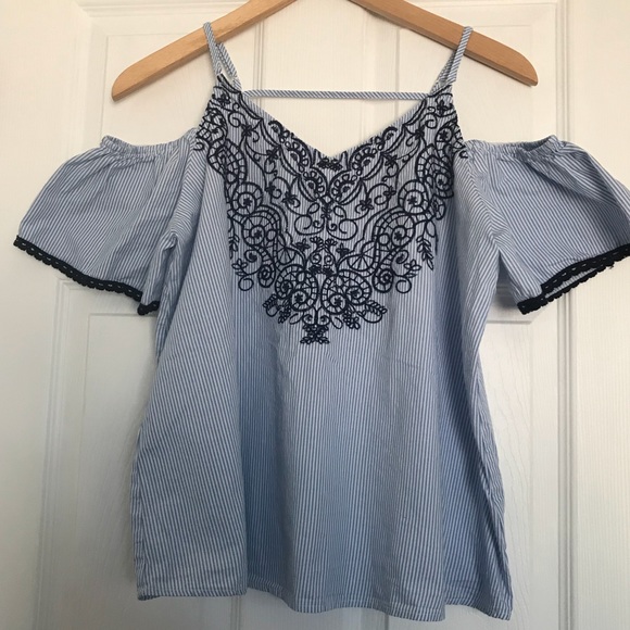Blue Rain Tops - Boutique Pinstripe Cold Shoulder Top Embroidery L